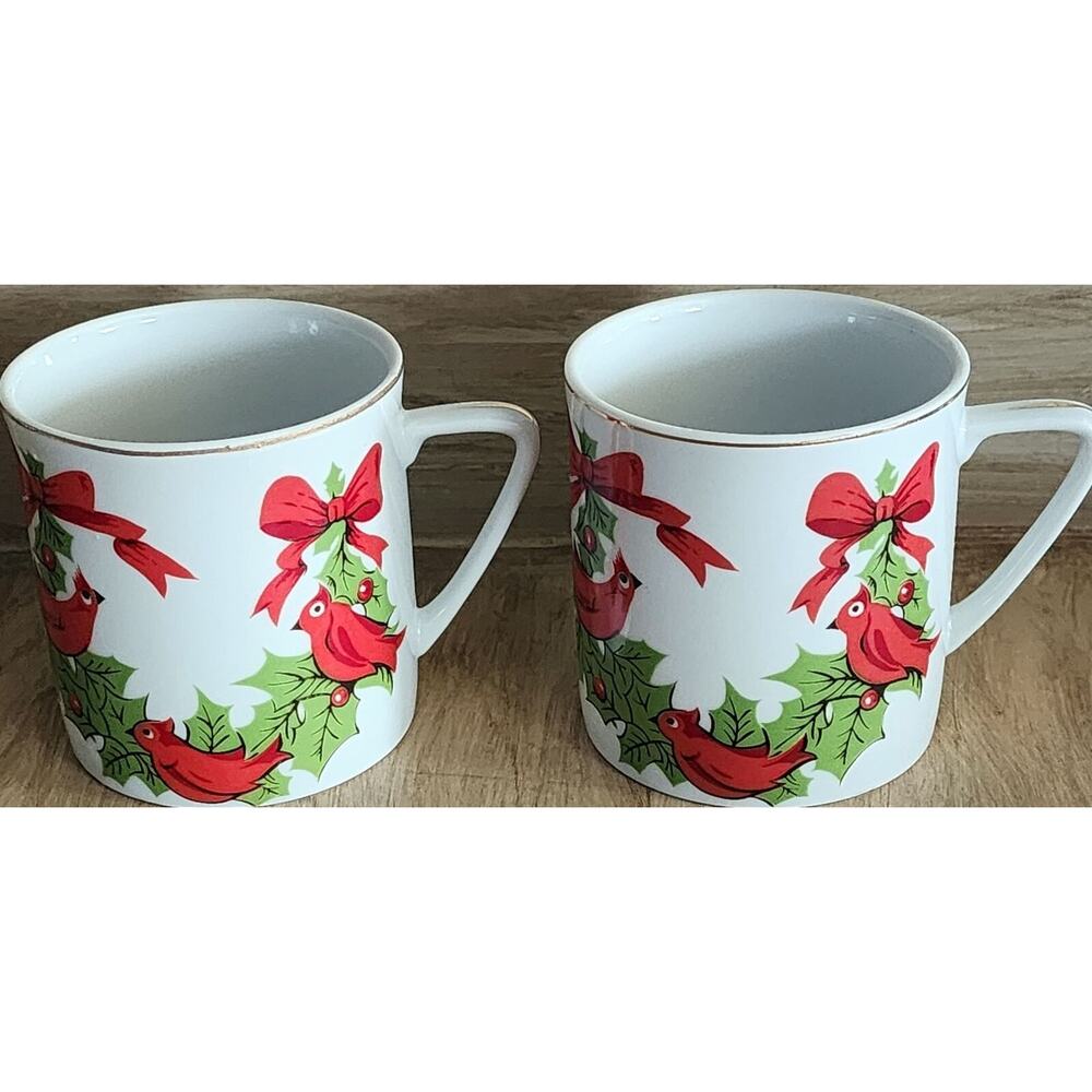 Vintage Lefton Red Cardinal Mug 1303 Christmas Holiday Mug MCM Set Of 2